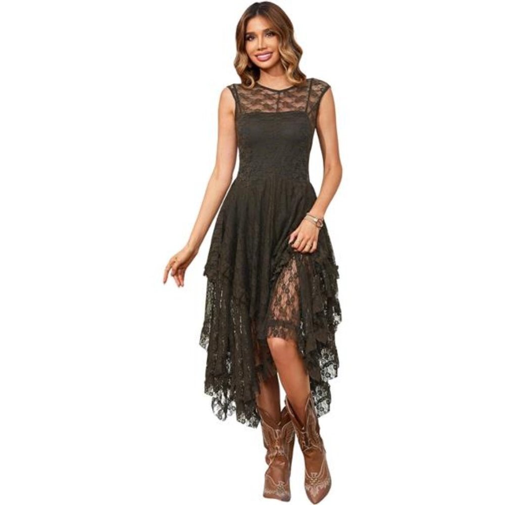 Army Green Lace Sleeveless Asymmetrical Layered Lace Tiered Long Midi Dress - Picture 5 of 7